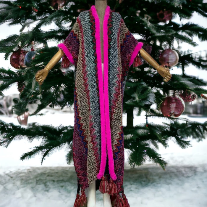 Woman Bohemian Hot Pink Tassel Knitted Maxi Cardigan - Fabulously Dressed Boutique