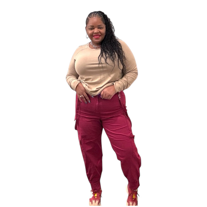 Women's Burgundy High Waist Cargo Pants - Fabulously Dressed Boutique