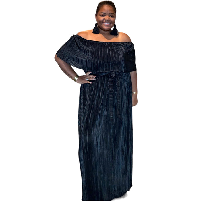 Black Pleated Off The Shoulder Maxi Dress - Fabulously Dressed Boutique