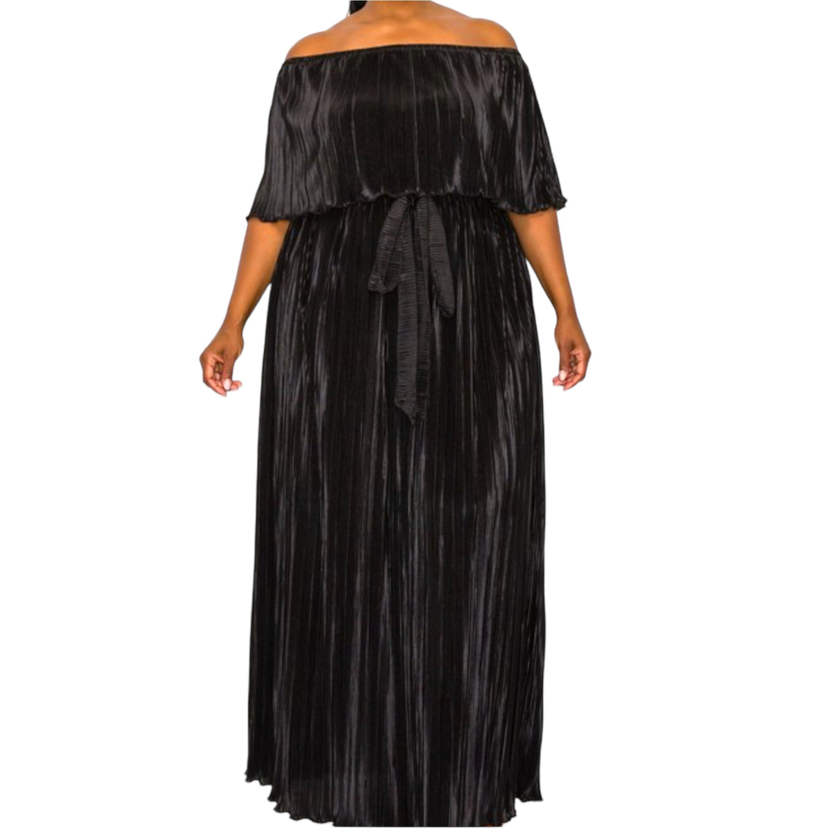 Black Pleated Off The Shoulder Maxi Dress - Fabulously Dressed Boutique