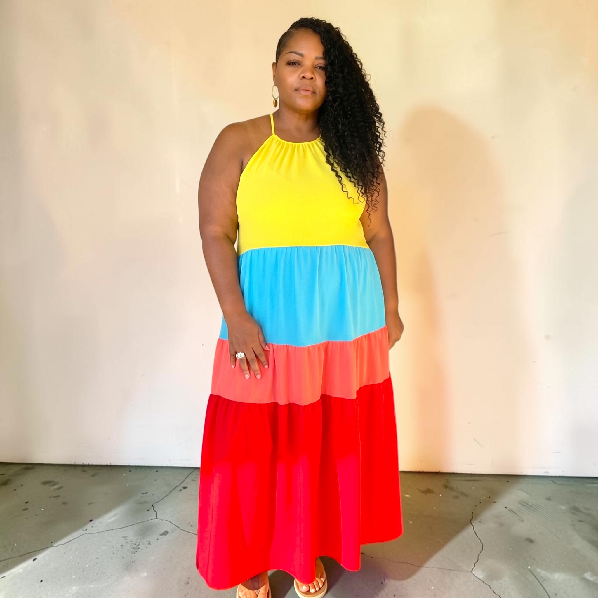 rainbow maxi dress plus size Xpluswear Design Plus Size Daily Rainbow Sundress Graphic Round Neck Pocket Maxi Dresses