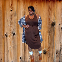 Plus Size Drawstring Sleeveless Brown Midi Dress - Fabulously Dressed Boutique