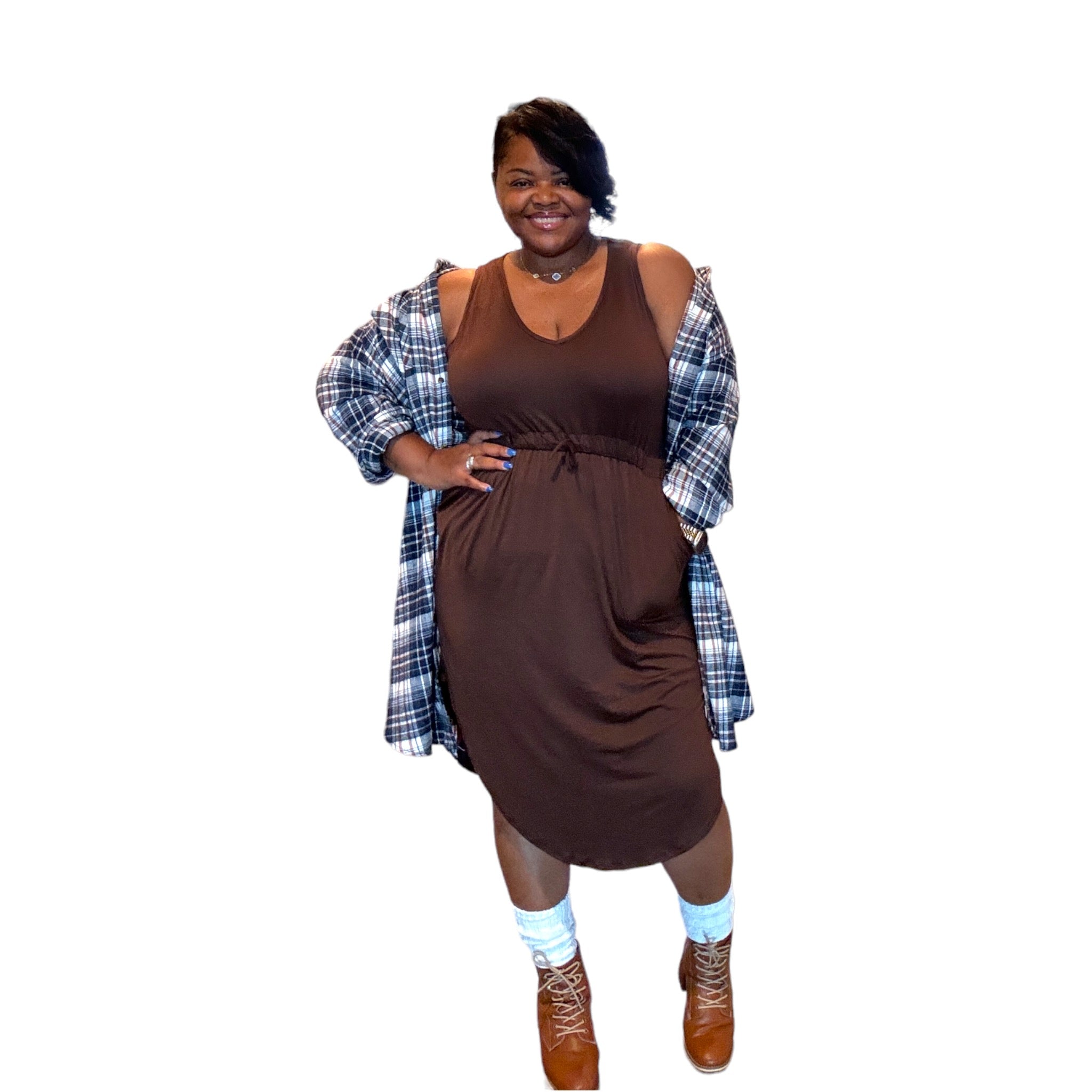 Plus Size Drawstring Sleeveless Brown Midi Dress