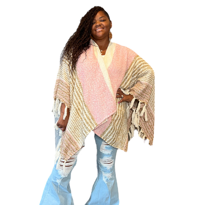 Women’s One Size Pink And Beige Poncho - Fabulously Dressed Boutique