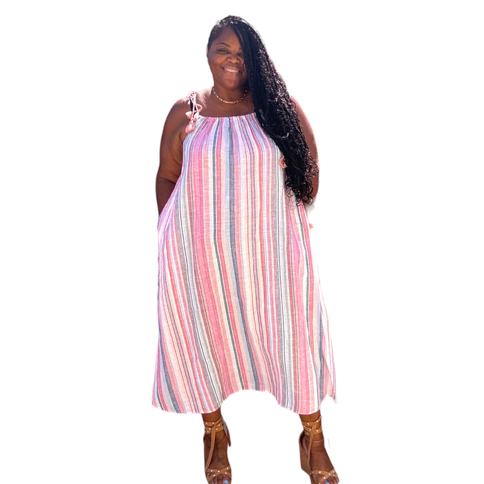Plus Size Striped Linen Maxi Dress With Tassels - Fabulously Dressed Boutique