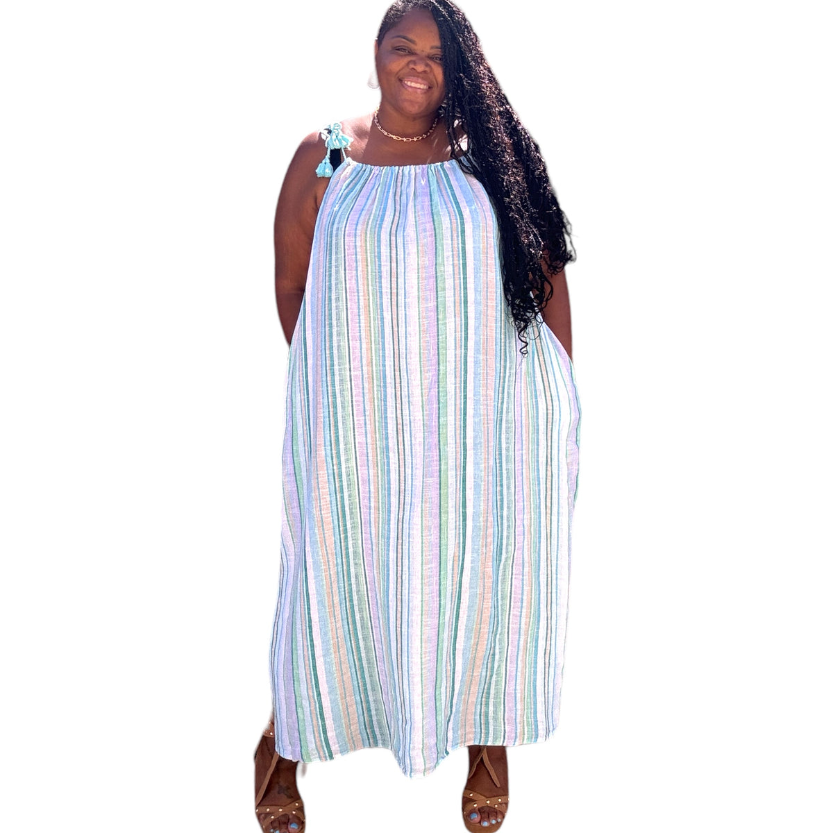 Plus Size Striped Linen Maxi Dress With Tassels - Fabulously Dressed Boutique