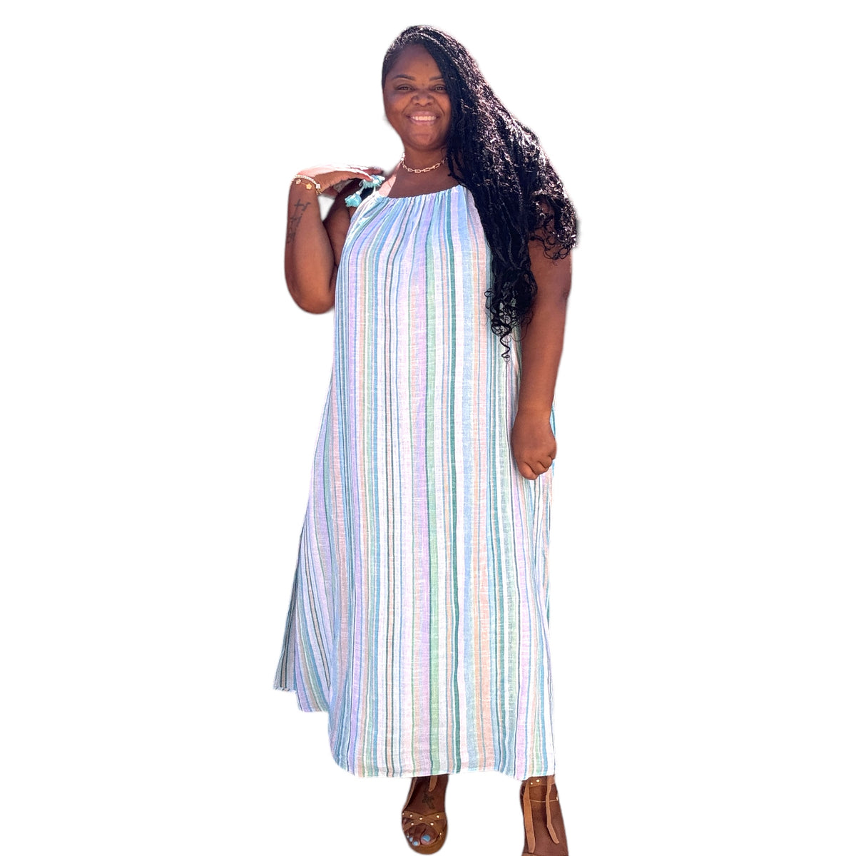 Plus Size Striped Linen Maxi Dress With Tassels - Fabulously Dressed Boutique