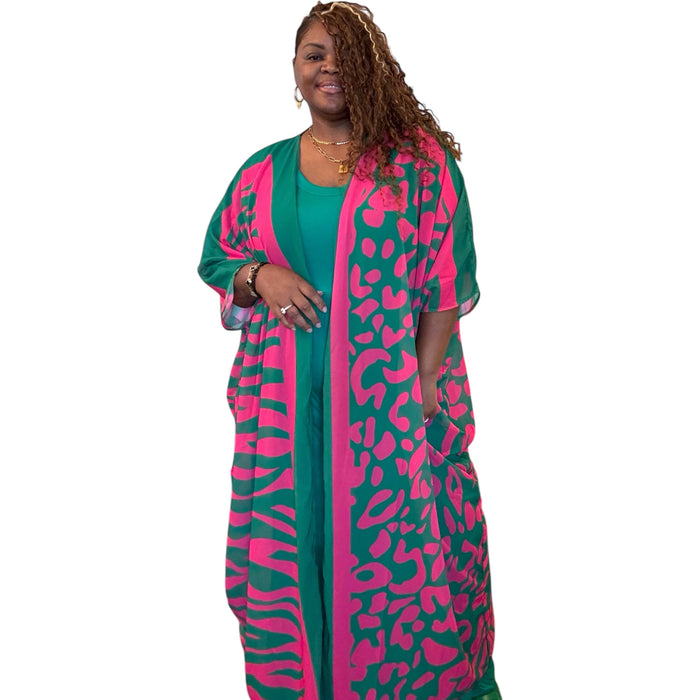 Green And Pink Bohemian Print Kimono