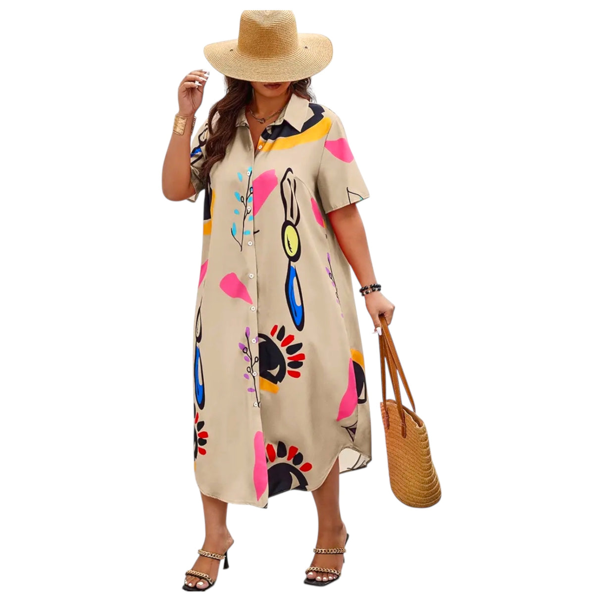 Plus Size Allover Print Button Up Loose Fit Dress