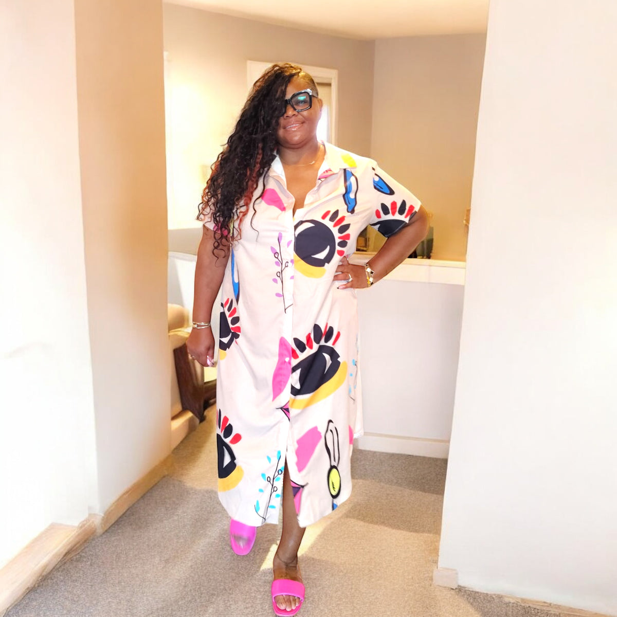 Plus Size Allover Print Button Up Loose Fit Dress