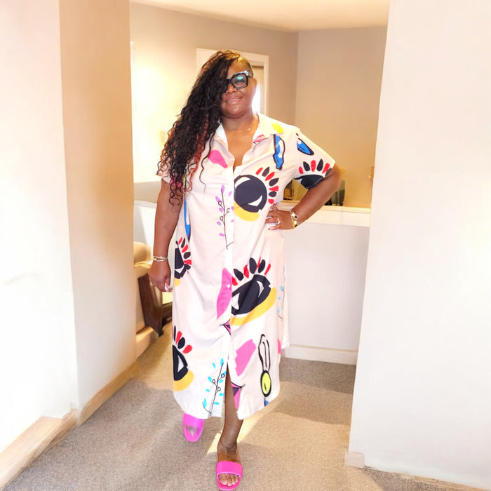 Plus Size Allover Print Button Up Loose Fit Dress