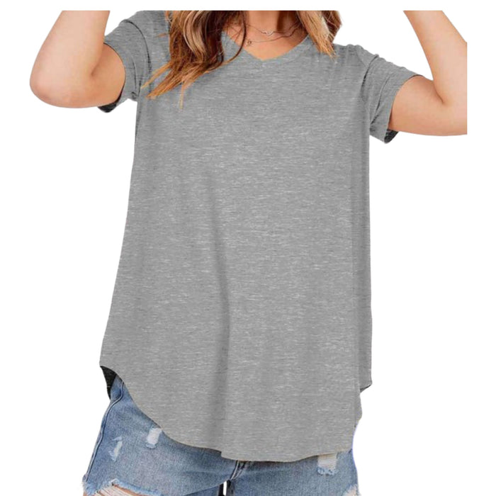 Basic short sleeveV-neck Round Hem Top - Fabulously Dressed Boutique