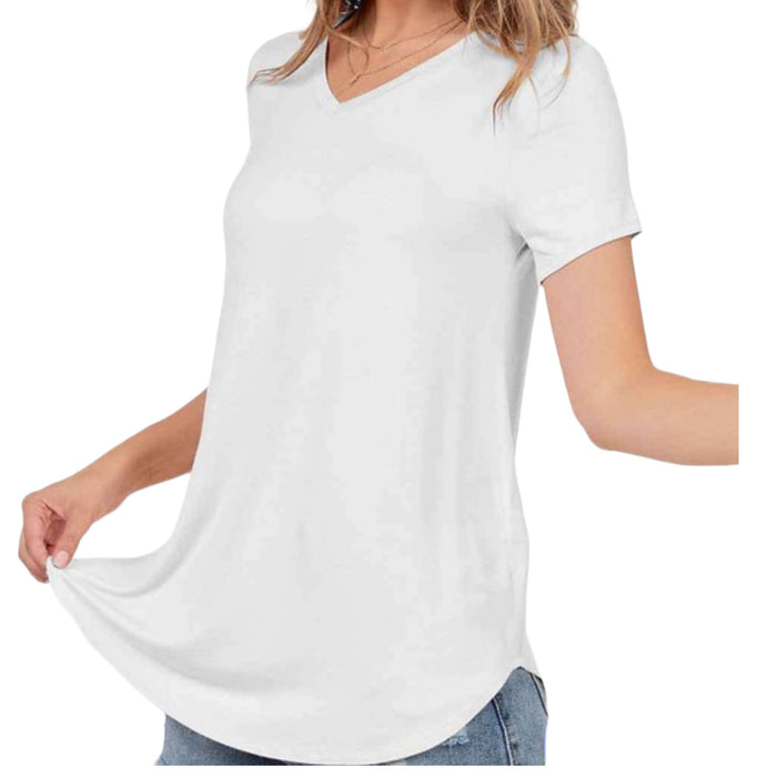 Basic short sleeveV-neck Round Hem Top - Fabulously Dressed Boutique