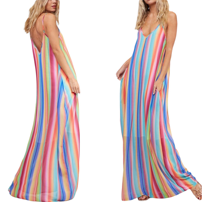 New Sexy Multicolored Boho Chic Maxi Dress With Pockets - Fabulously Dressed Boutique