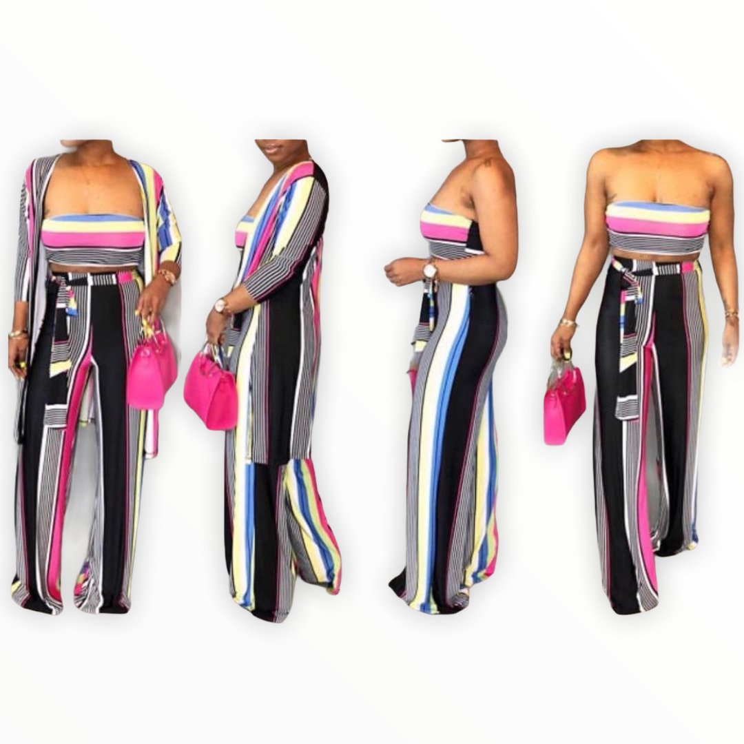 New Sexy Stripe 3 Piece Wide Leg Pant Set - Sets