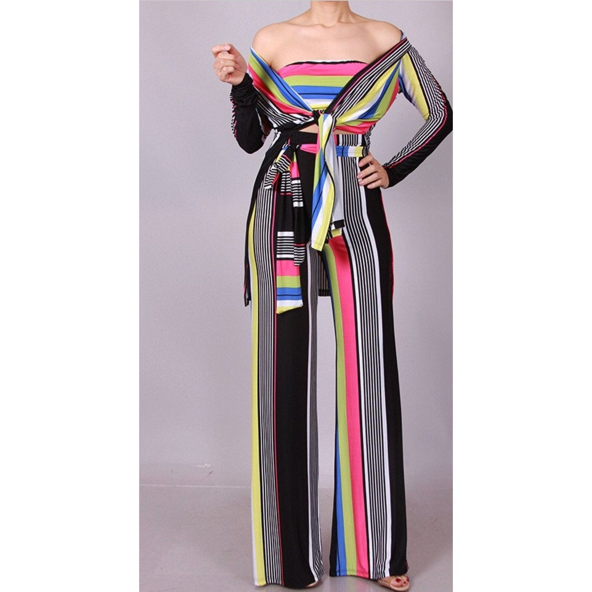 New Sexy Stripe 3 Piece Wide Leg Pant Set - Fabulously Dressed Boutique