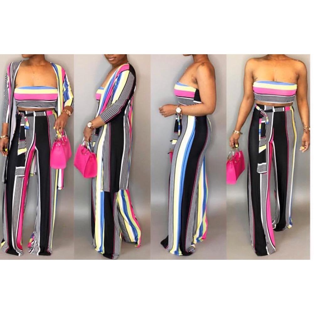 New Sexy Stripe 3 Piece Wide Leg Pant Set - Fabulously Dressed Boutique