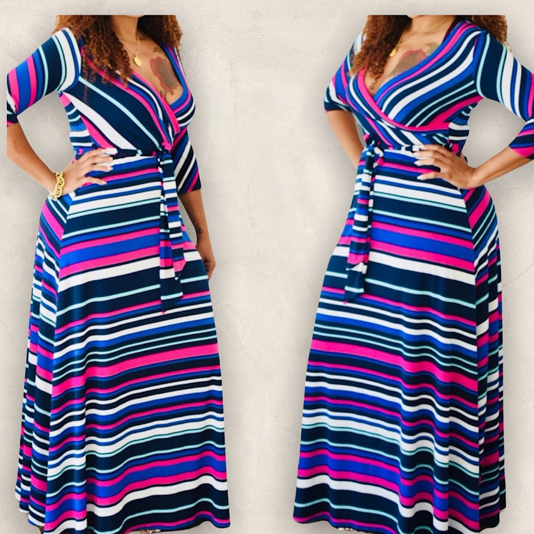 New Vibrant Striped Belted Faux Wrap Maxi Dress - Fabulously Dressed Boutique