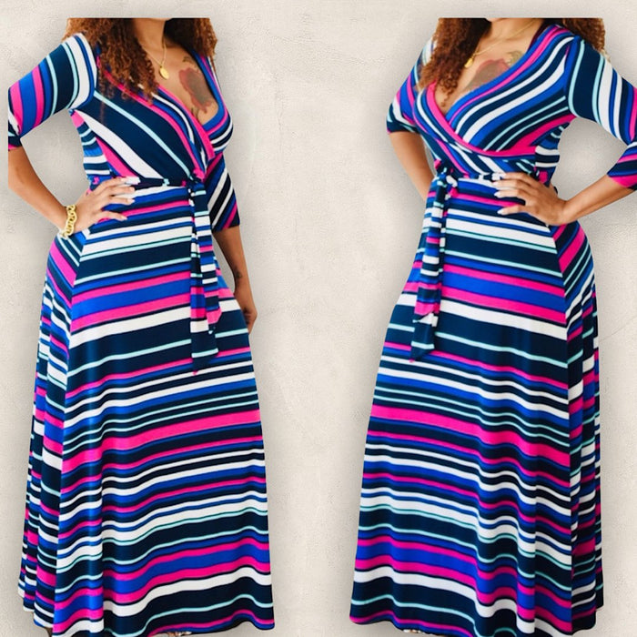 New Vibrant Striped Belted Faux Wrap Maxi Dress - Fabulously Dressed Boutique