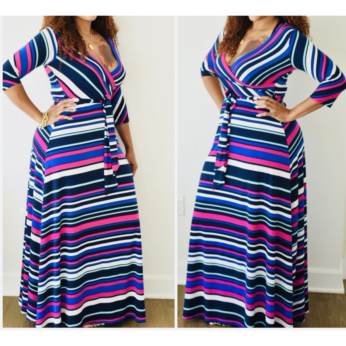 New Vibrant Striped Belted Faux Wrap Maxi Dress - Fabulously Dressed Boutique