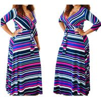 New Vibrant Striped Belted Faux Wrap Maxi Dress - Fabulously Dressed Boutique