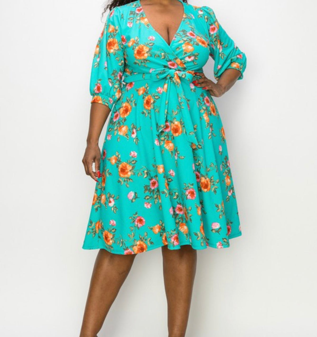 Plus Size Floral A Line Flare Dress With Belt - Fabulously Dressed Boutique