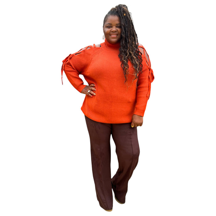 Plus Size Rust Turtles Neck Cutout Long Sleeve Sweater - Fabulously Dressed Boutique