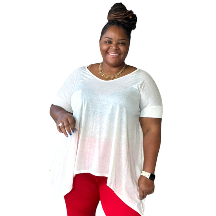 Plus Size Short Sleeve Oatmeal Trapeze Hemline Tunic Top - Fabulously Dressed Boutique