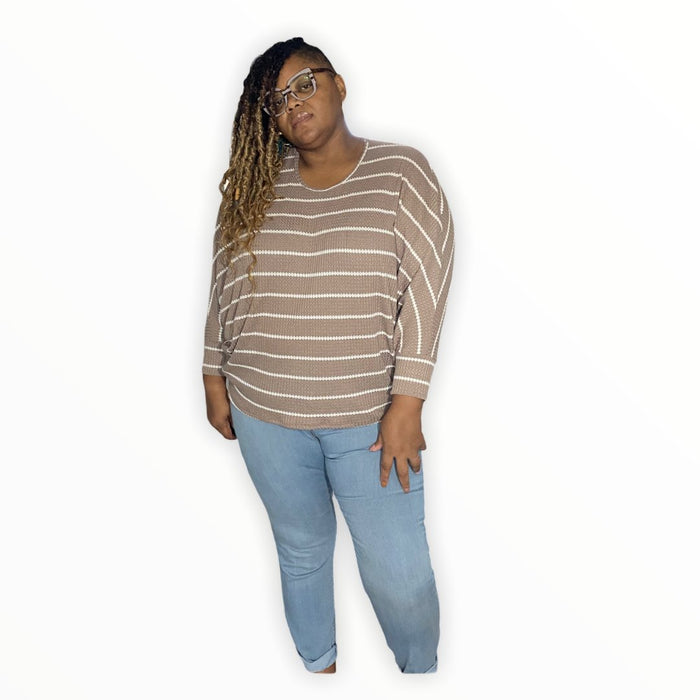 Plus Size Taupe Striped Dolman Sleeve Top - Plus size tops