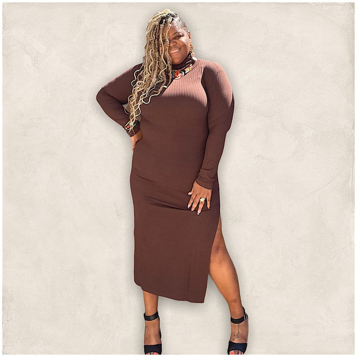 Plus Size Turtle Neck High Slit Maxi Dress - Fabulously Dressed Boutique
