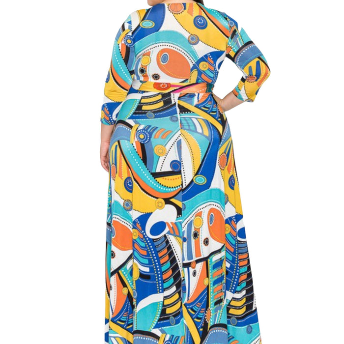 Plus Size Vibrant Geometric Faux Wrap Maxi Dress - Fabulously Dressed Boutique