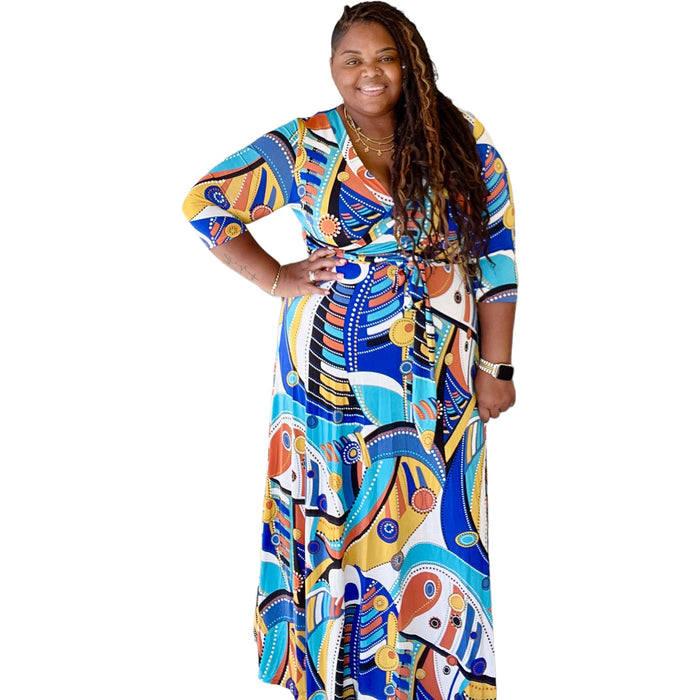 Plus Size Vibrant Geometric Faux Wrap Maxi Dress - Fabulously Dressed Boutique