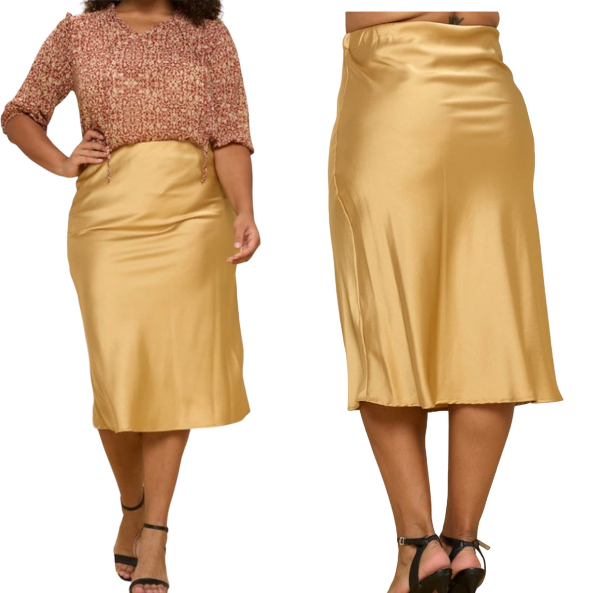 Women's Gold Plus Size Midi Satin Skirt - Fabulously Dressed Boutique