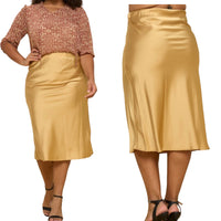 Women's Gold Plus Size Midi Satin Skirt - Fabulously Dressed Boutique