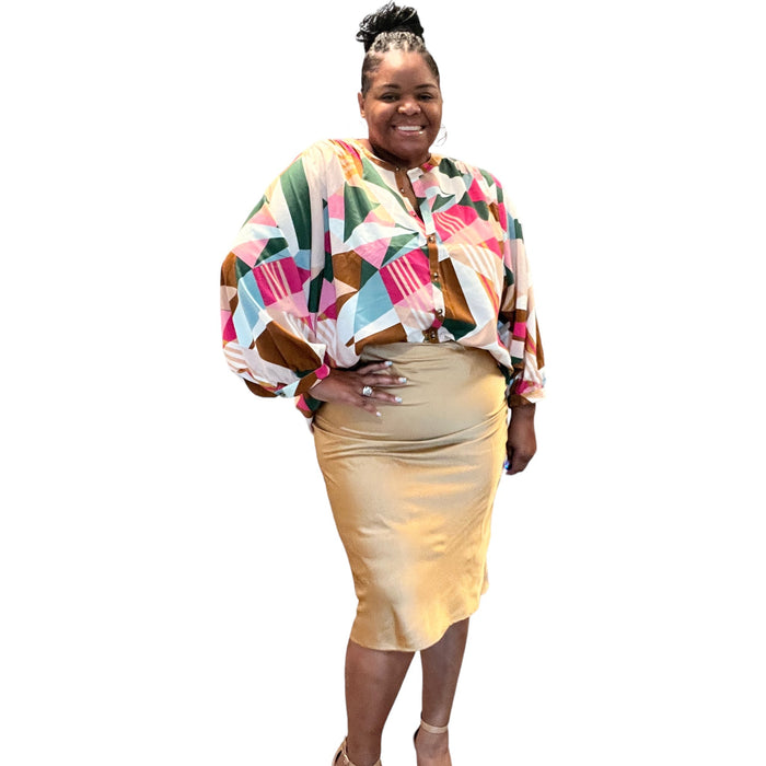 Women's Gold Plus Size Midi Satin Skirt - Fabulously Dressed Boutique
