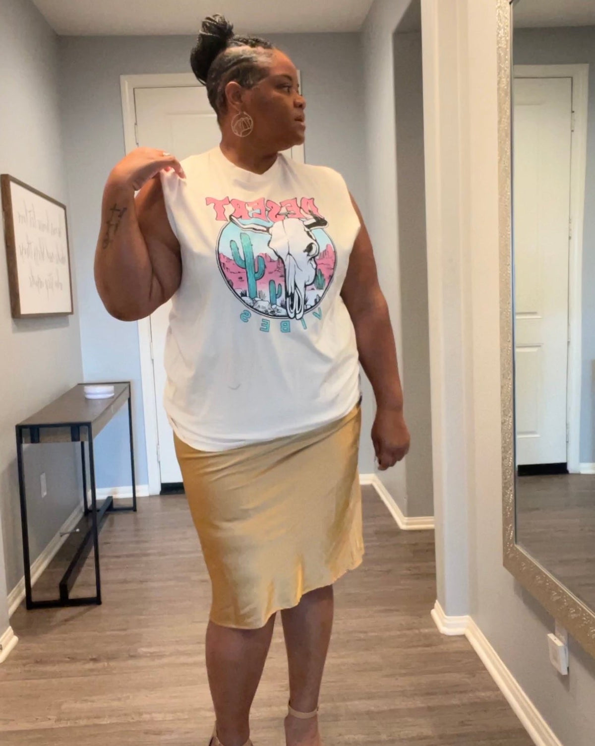 Women's Gold Plus Size Midi Satin Skirt - Fabulously Dressed Boutique