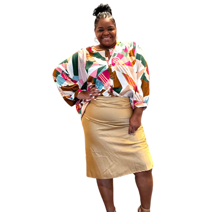 Women's Gold Plus Size Midi Satin Skirt - Fabulously Dressed Boutique