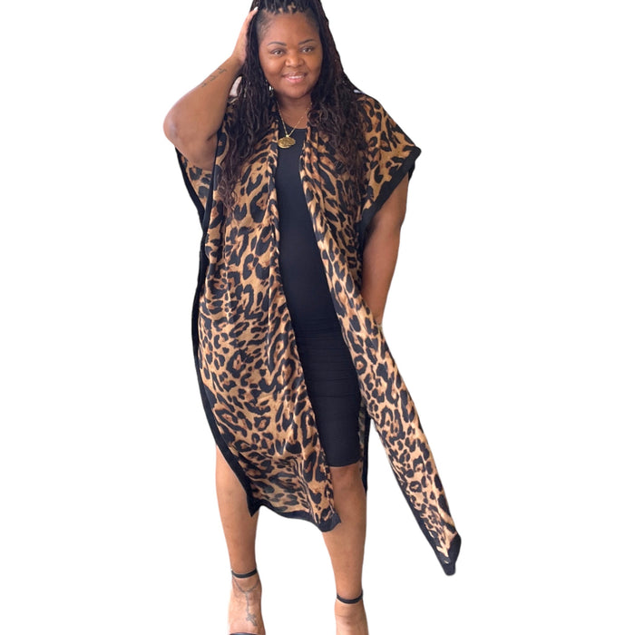 Women's One Size Long Open Front Leopard Print Kimono - Fabulously Dressed Boutique