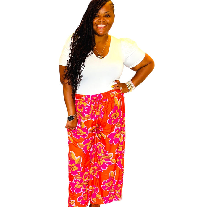Women’s Plus Orange Floral Print Wide Leg Pants - Fabulously Dressed Boutique