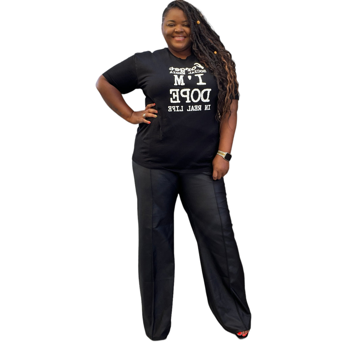 Plus Size Black Faux Leather Wide Leg Pants - Fabulously Dressed Boutique