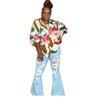 Women's Plus Size Distressed Flare Denim Pants - Fabulously Dressed Boutique