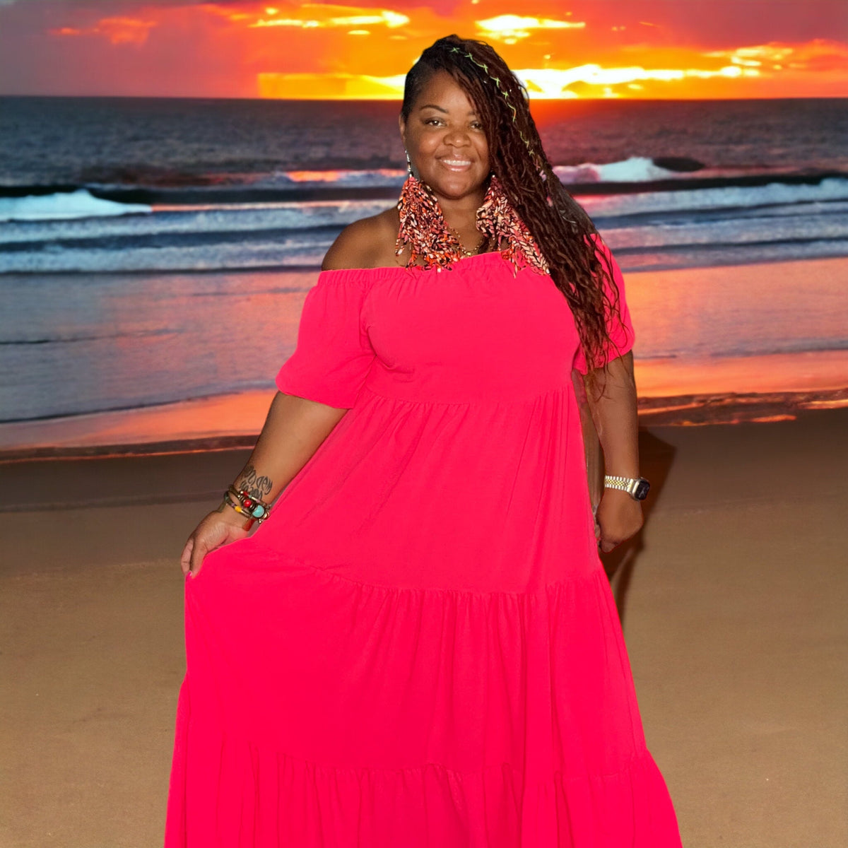 Women's Plus Size Off The Shoulder Tiered Flare Dress - Fabulously Dressed Boutique