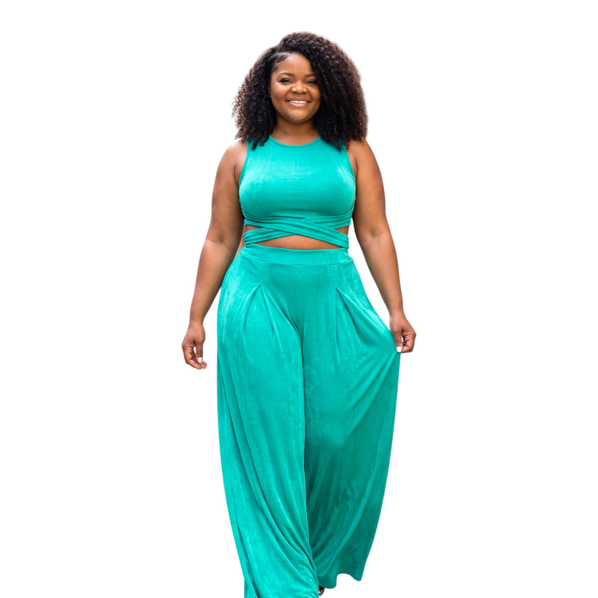 PLUS SIZE WRAP TIE CROP TOP & WIDE LEG PANTS SET
