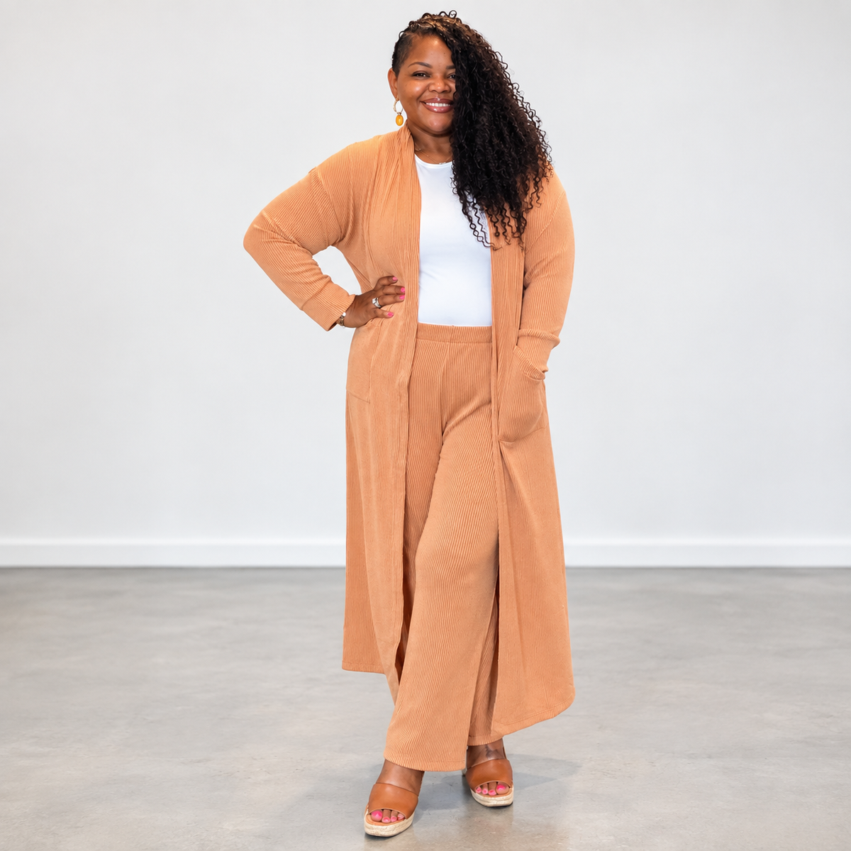 Plus Size 2 Piece Longline Cardigan And Pant Set