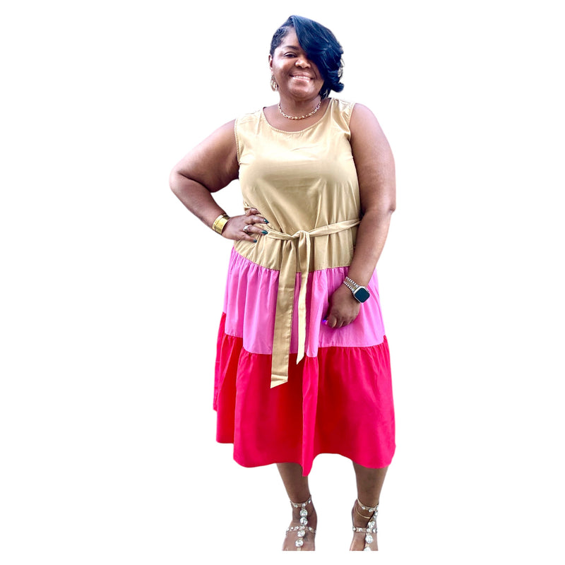 Womens Plus Size Tan Color Block Midi Tank Dress - Fabulously Dressed Boutique 