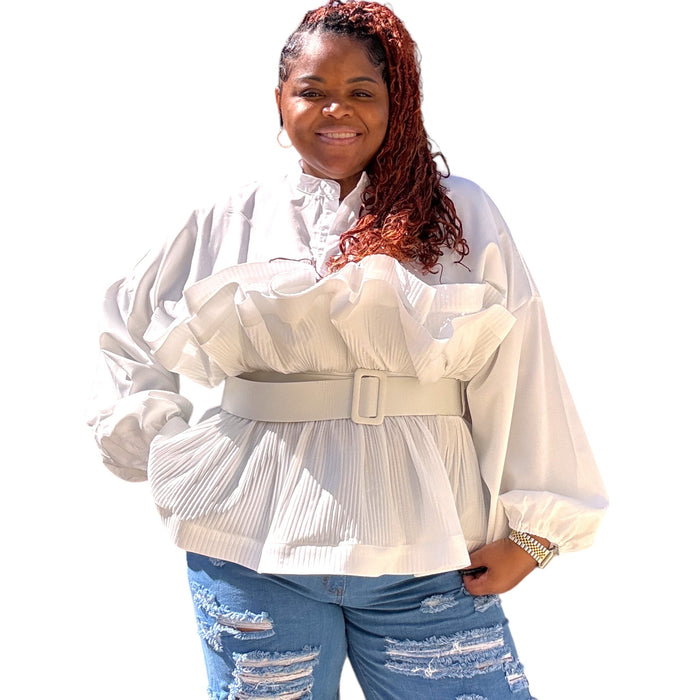 Women's Plus Size Elegant Ruffled Belted Blouse - Fabulously Dressed Boutique 