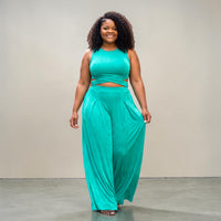 PLUS SIZE WRAP TIE CROP TOP & WIDE LEG PANTS SET