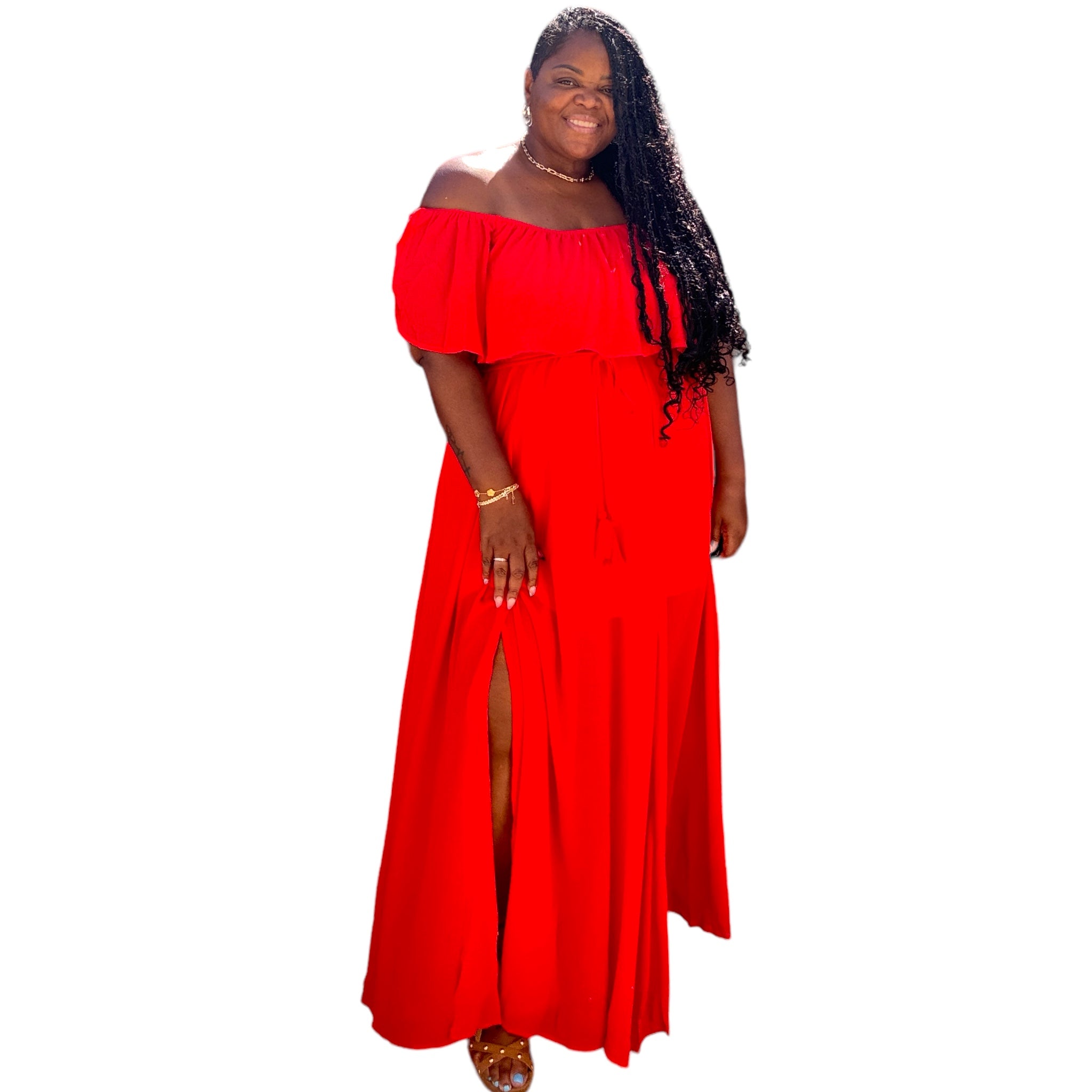 Poppy Red Plus Size Sheer Maxi Dress With Slit - Fabulously Dressed Boutique 