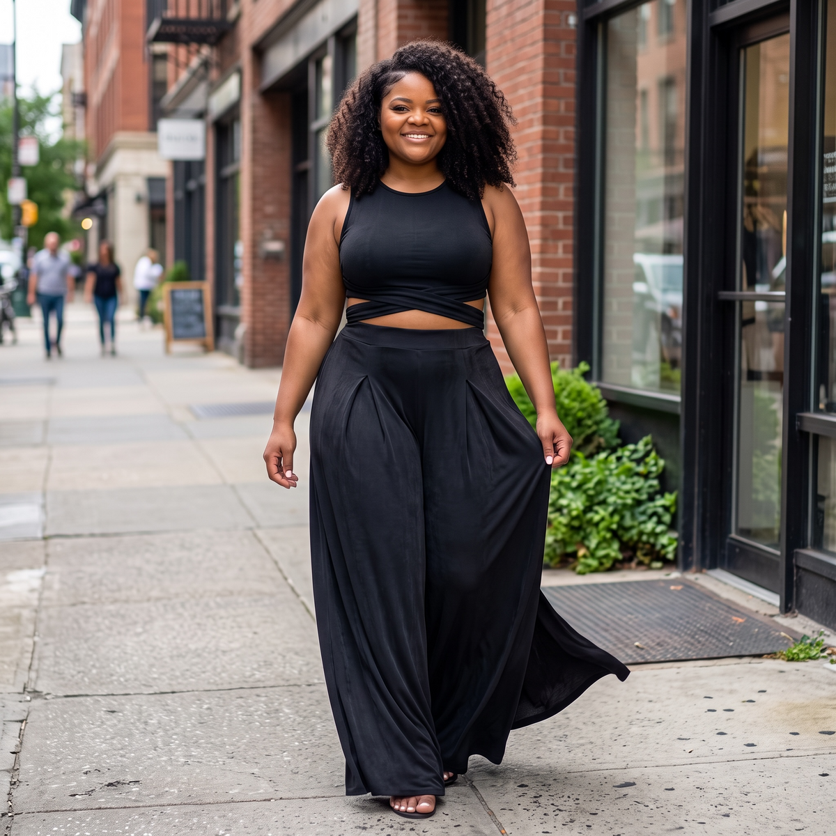 PLUS SIZE WRAP TIE CROP TOP & WIDE LEG PANTS SET
