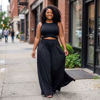 PLUS SIZE WRAP TIE CROP TOP & WIDE LEG PANTS SET